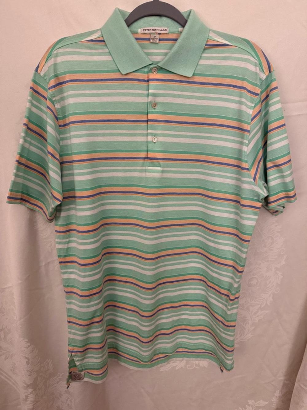Peter Millar Mint Green Striped Polo with Blue and Yellow Accents